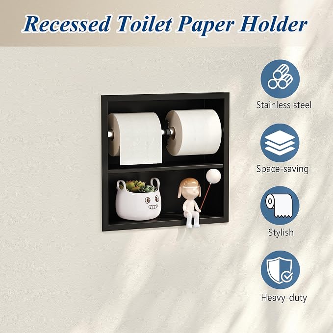 Neodrain Black Recessed Toilet Paper Holder,Double Layer Wet Tissue Holder | Space-Saving Wall Niche Cabinet Storage, Rustproof & Durable,For Bathroom, Kitchen & Vanity