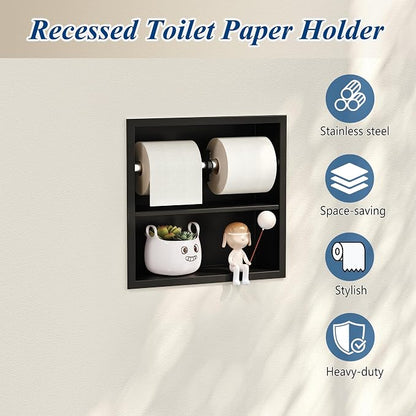 Neodrain Black Recessed Toilet Paper Holder,Double Layer Wet Tissue Holder | Space-Saving Wall Niche Cabinet Storage, Rustproof & Durable,For Bathroom, Kitchen & Vanity