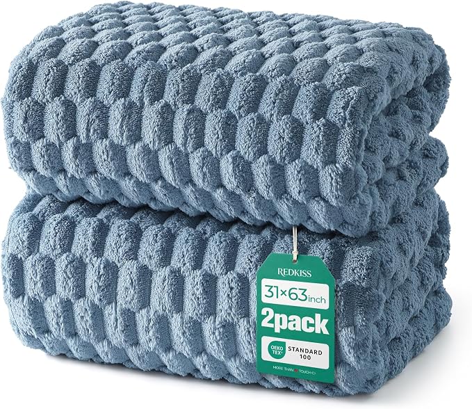 REDKISS Blue Microfiber Bath Towels Large, 30“x60” Super Absorbent Towels | 2 Pack Quick Dry, Super Soft, Lint Free, Fluffy Towel for Bathroom, Spa, Gym, Travel, Dorm, Ideal Everyday Use