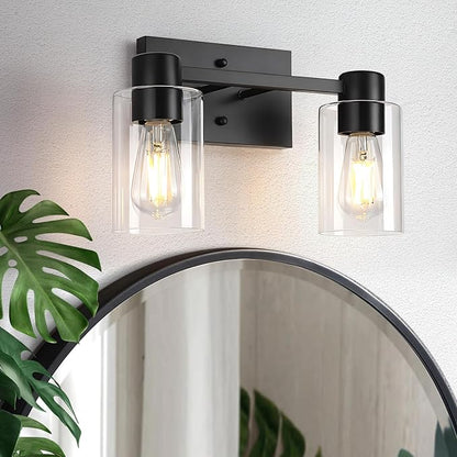 Matte Black Bathroom Light Fixtures,2-Light Bathroom Vanity Light Over Mirror with Clear Glass Shade,Modern Farmhouse Wall Sconces Lighting for Bedroom Cabinet Kitchen Living Room