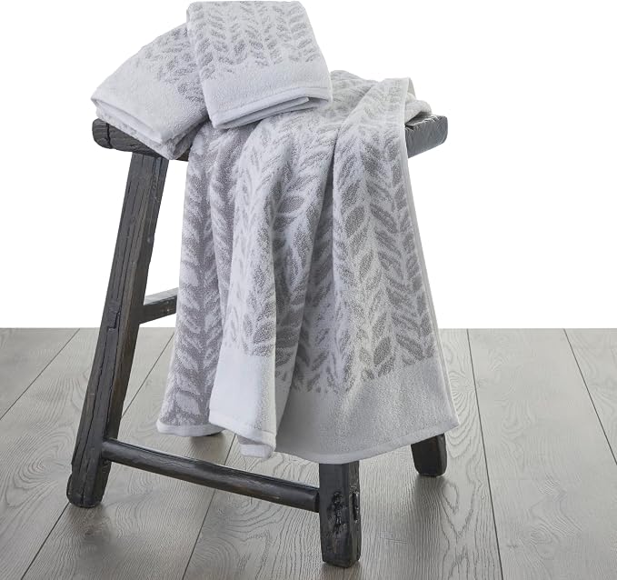 SKL Home Distressed Leaves Bath Towel Set-4pc, 100% Turkish Cotton, Gray | 2 Bath towels, 2 hand towels. 600 GSM weight. Spa-level quality. Soft & absorbent, reversible jacquard.