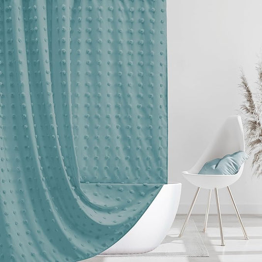 Boho Teal Shower Curtain Woven Fabric Shower Curtain, 72 x 72 Tufted Pleat Floral Puffs Textured Modern Farmhouse Minimalist Shower Curtain Set with Hooks for Bathroom