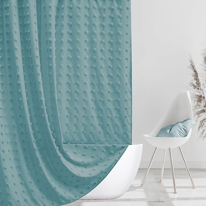 Extra Long Boho Shower Curtain Woven Fabric 84 Inch Teal Shower Curtain, 72 x 84 Tufted Pleat Floral Puffs Textured Modern Minimalist Shower Curtain Set with Hooks for Bathroom