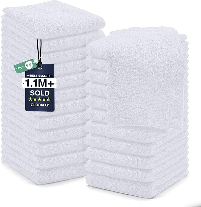 DAN RIVER 24 Pack Cotton Wash Cloths Set for Showering [12x12] White | Lighter Weight, Quick to Dry, Super Soft & Absorbent Face Towels, Hotel Quality, Perfect for Bathroom, Gym, Spa