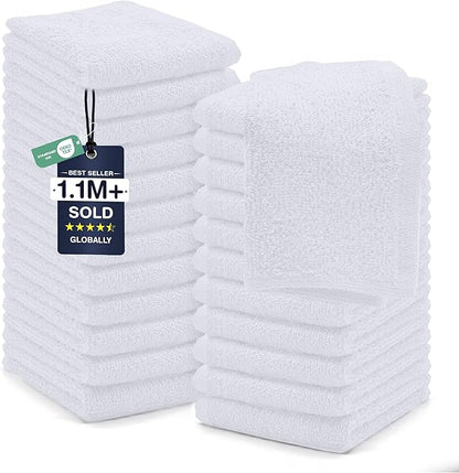 DAN RIVER 24 Pack Cotton Wash Cloths Set for Showering [12x12] White | Lighter Weight, Quick to Dry, Super Soft & Absorbent Face Towels, Hotel Quality, Perfect for Bathroom, Gym, Spa