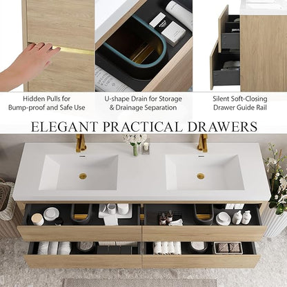 Abruzzo 72" Natural Oak Wall-Mounted Bathroom Vanity with Double Sink – Stone Resin Countertop & Soft-Close Drawers, Waterproof Wood Cabinet for Bathrooms