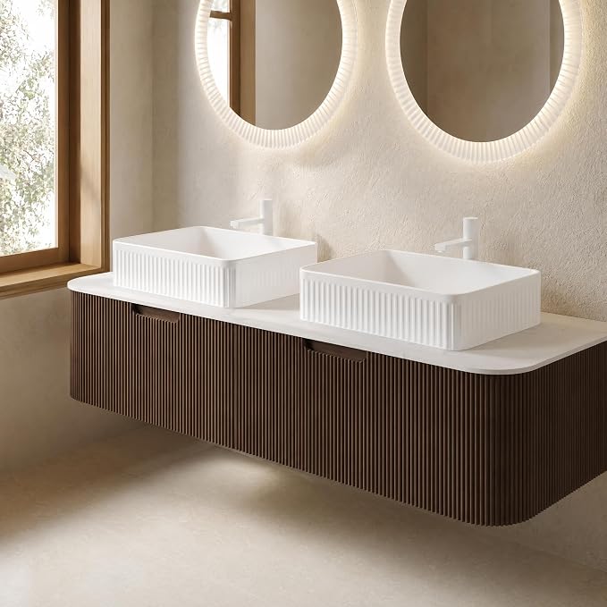 60 Inch Double Sink Bathroom Vanity, Floating Wall Mounted Cabinet, Dark Walnut Curved Fluted Front, Stone Top, Dual White Textured Rectangular Vessel Basins, Pre-Assembled
