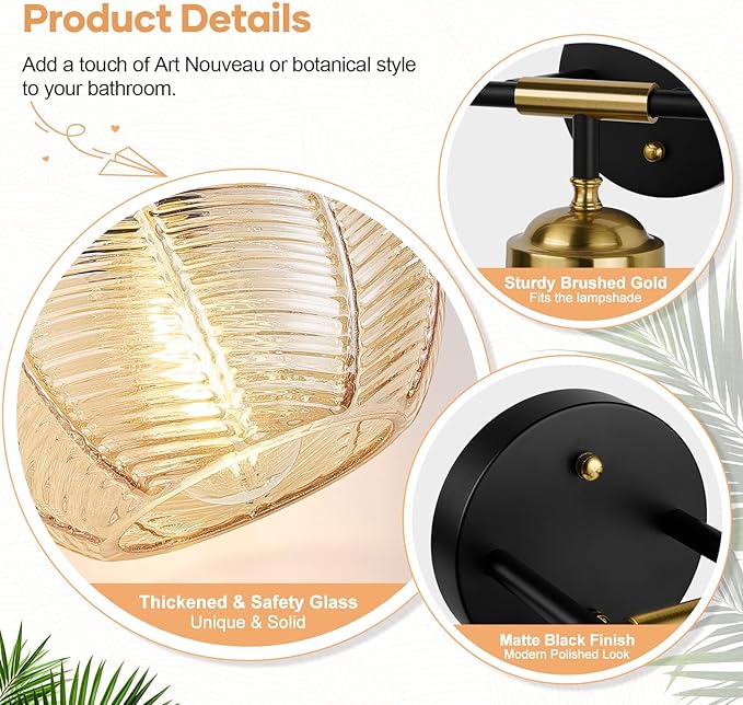 Bathroom Light Fixtures, 3-Light Amber Vanity Lights with Unique Leaf Texture Glass Shade, Modern Matte Black and Gold Bathroom Wall Lamp for Mirror Hallway Cabinet Living Room