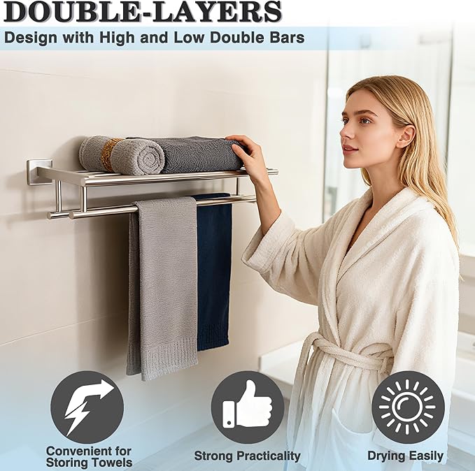 Alise Double Towel Rack for Bathroom Wall Mounted 16 Inch,Brushed Nickel | Bathroom Tower Holder Towel Shelf with Double Towel Bars,SUS304 Stainless Steel Towel Rack with Shelf for Lavatory Kitchen