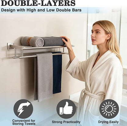 Alise Double Towel Rack for Bathroom Wall Mounted 16 Inch,Brushed Nickel | Bathroom Tower Holder Towel Shelf with Double Towel Bars,SUS304 Stainless Steel Towel Rack with Shelf for Lavatory Kitchen
