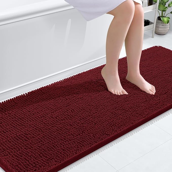 OLANLY Bathroom Runner Rugs 70x24, Extra Soft Absorbent Chenille Bath Rugs | Burgundy, Quick-Drying Rubber Backing, Washable Long Bath Mat for Bathroom Floor, Tub and Shower, Home Decor Accessories