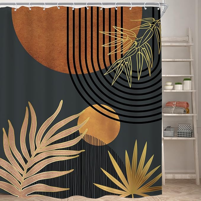 Mid Century Brown Black Boho Abstract Modern Bathroom Shower Curtain Set | 72Wx84L Plant Botanical design, waterproof HD print with fast-drying fabric and 12 hooks.