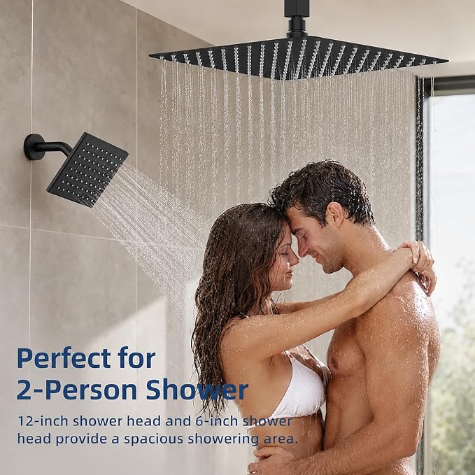Thermostatic Dual Shower Head System, Matte Black Shower Faucet | 12 Inch Ceiling Rainfall Shower, 6 Inch Wall Mount Head, High Pressure Handheld Sprayer, Push Button Valve