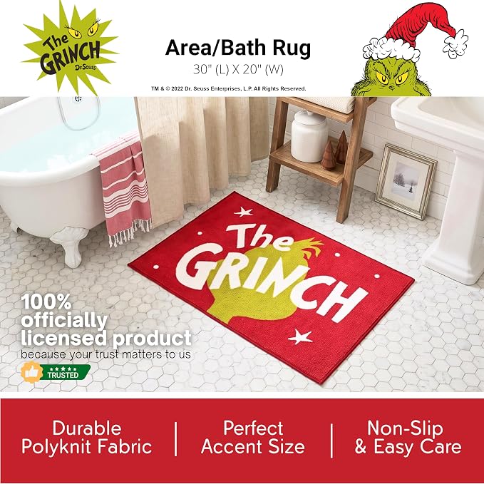 Grinch by Dr. Seuss Christmas Non Slip Plush Poly Knit Bathroom Mat Rug, 20"x30", (Officially Licensed Product) By Franco