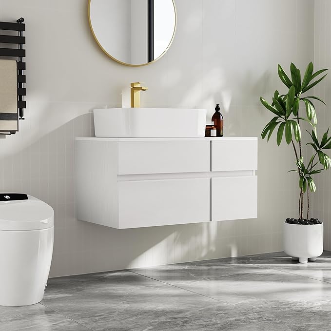 Bathroom Vanity Floating Bathroom Sink Cabinet with Ceramic Vessel Sink Wall Mounted Floating Vanity (White, 31.5W)