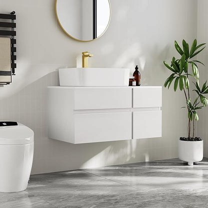 Bathroom Vanity Floating Bathroom Sink Cabinet with Ceramic Vessel Sink Wall Mounted Floating Vanity (White, 31.5W)
