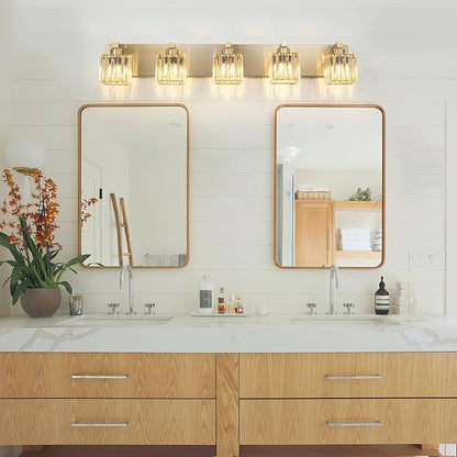 Gold Crystal Bathroom Vanity Lights, 5 Lights Bathroom Lighting Fixtures Over Mirror Modern Gold Crystal Wall Light with Square Shade