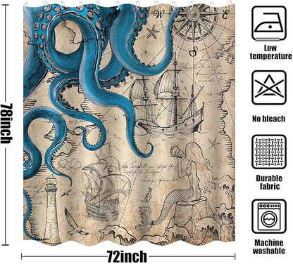 Fungarth Long Vintage Nautical Octopus Shower Curtain Navy Blue Mermaid Funny Ocean Kraken Shower Curtains for Bathroom Cool Anchor Coastal Map Waterproof Fabric Bath Curtain Decor (Retro, 72” x 78”)