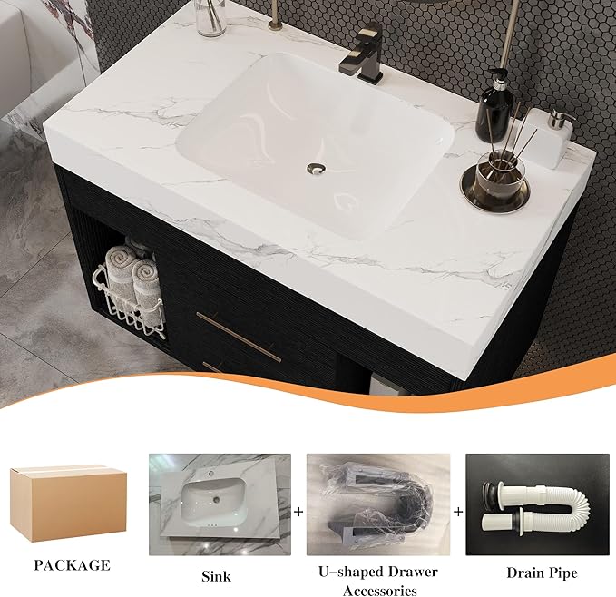 30" Bathroom Vanity with Sink Set, Modern Black Wall Mounted Bathroom Vanity Cabinet with Sintered Stone Top&Gold Handle 2 Drawers&2 Open Storage, Single Sink Floating Bathroom Vanity