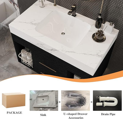 30" Bathroom Vanity with Sink Set, Modern Black Wall Mounted Bathroom Vanity Cabinet with Sintered Stone Top&Gold Handle 2 Drawers&2 Open Storage, Single Sink Floating Bathroom Vanity