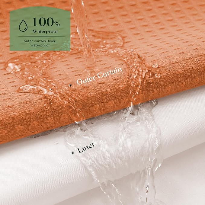 Burnt Orange Hook Free Waffle Shower Curtain & Snap-in Liner,72x75 | Less Time to install, 3 in 1 Fabric Shower Curtain and Liner Set with Magnets, Mesh Top Window, Shower Curtains for Bathroom