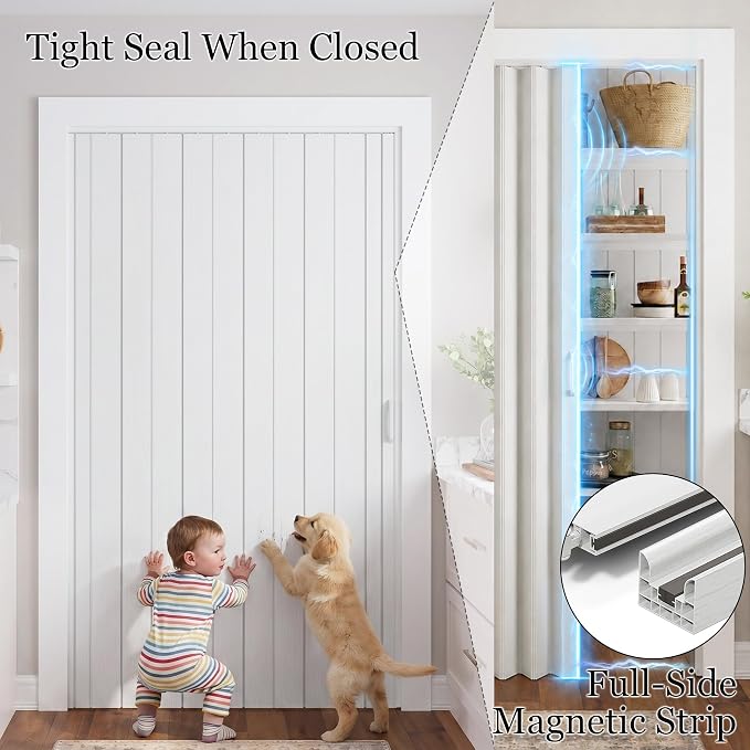 SmartStandard 64x80in Double Accordion Doors Interior, Double Walled, White | Easy to Assemble, Save Space, PVC Accordion Folding Doors for Closet Doorway Basement, with Track and Hardware