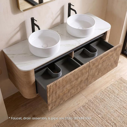 60" Preassembled Double Floating Bathroom Vanity with Round Sink, Oak | Mid-Century Modern Style, Fluted & Soft-Close Drawer with U-shaped Wall, Sinterted Stone Countertop, Towel Rack Included