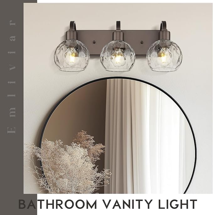 Emliviar 3-Light Bathroom Light Fixtures Over Mirror for Living Room, Hallway, Farmhouse Oil Rubbed Bronze Vanity Light with Water Grain Globe Glass, YCE237BG-3W ORB