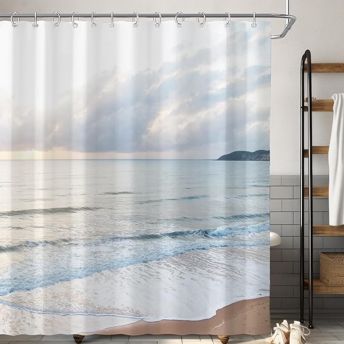 Ocean Beach Coastal Sea Scene Shower Curtain for Bathroom 72W*72H Inch Seaside Nautical Summer Beachy Landscape Sand Bathtub Decor Waves Seacoast Hawaiian Aesthetic Waterproof Polyester Fabric