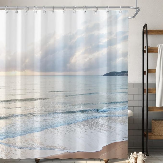 Ocean Beach Coastal Sea Scene Shower Curtain for Bathroom 72W*72H Inch Seaside Nautical Summer Beachy Landscape Sand Bathtub Decor Waves Seacoast Hawaiian Aesthetic Waterproof Polyester Fabric