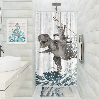 Fungarth Funny Cat Shower Curtain Dinosaur Ocean Sea Wave Shower Curtains for Bathroom Cool Waterproof Fabric Rustic Wooden Farmhouse Bath Curtain Decor (Gray1, 36” x 72”)
