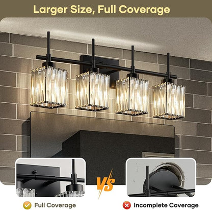 Torondo Modern Crystal Bathroom Vanity Light 4-Lights Matte Black Bathroom Light Fixtures Over Mirror Matte Black Vanity Lighting Fixtures Square Shade Brass Wall Sconce (Bulbs Not Include)