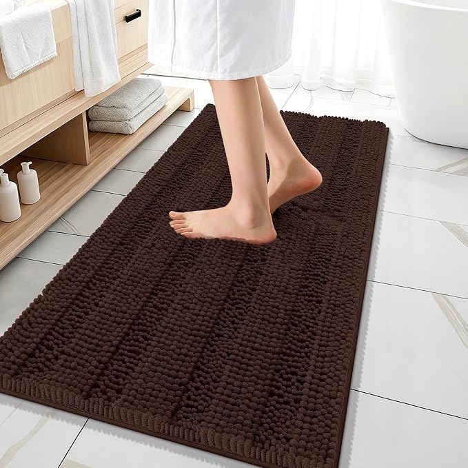 OLANLY Thick Bathroom Runner Rugs 47x20, Soft Chenille Bath Rugs, Brown | Absorbent Striped, Rubber Backing, Machine Wash, Long Bath Mats for Bathroom Floor, Tub and Shower, Home Decor Accessories