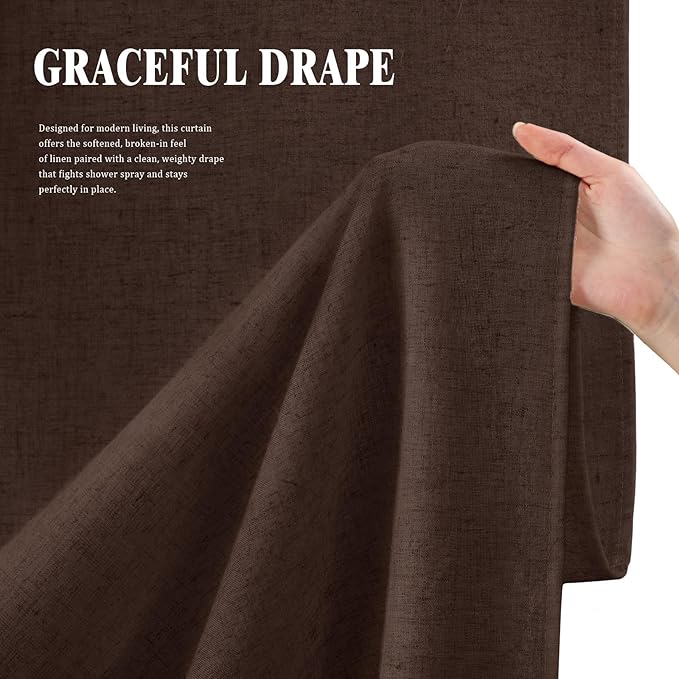 Linen Shower Curtain Brown, Fabric Boho Farmhouse Shower Curtains for Bathroom Cotton Natural Cloth Liner Set 72" W x 72" L