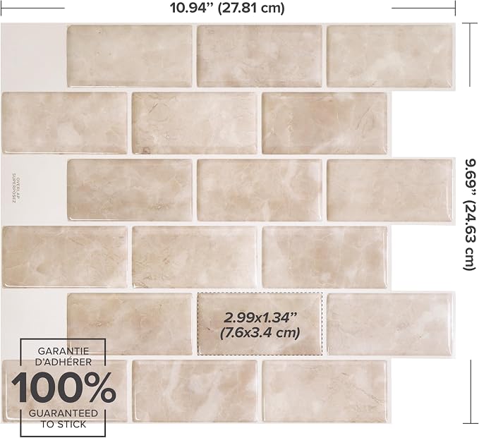 Smart Tiles Peel and Stick backsplash, Subway Latte Beige, 10.95"x9.7" | Pack of 10 (6.3 sq ft), Glossy, Heat/Moisture Resistant, Low VOC, Kitchen/Bathroom, Renter Friendly, Made in Canada
