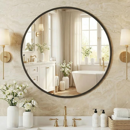 NEWBULIG 24 Inch Round Wall Mirror, Bathroom Mirrors for Over Sink | Metal Framed Circle Vanity Mirror, Wall Decor for Bedroom, Entryway, Anti-Rust, Tempered Glass, Hanging or Leaning, Black