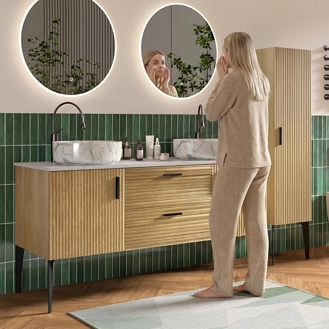 60" Bathroom Vanity with Double Carrara Sink, Wall-Mounted, Oak | Fluted Double Ceramic Vessel Sink Bathroom Vanity with Soft-Closing Drawers & Doors, Engineered Stone Countertop