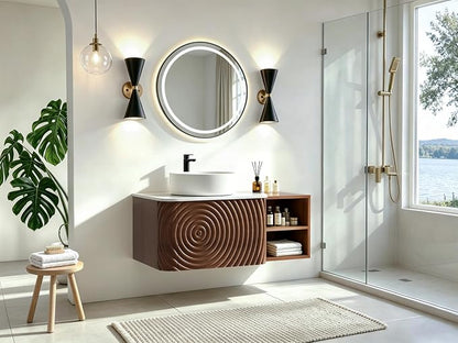 36" Floating Bathroom Vanity with Sink, Mid-Century Wall Mounted Bathroom Vanity Cabinet with Wood Waved Decor,Ceramic Vessel Basin and Sintered Stone Top, Soft Close Drawer, Side Open Cube