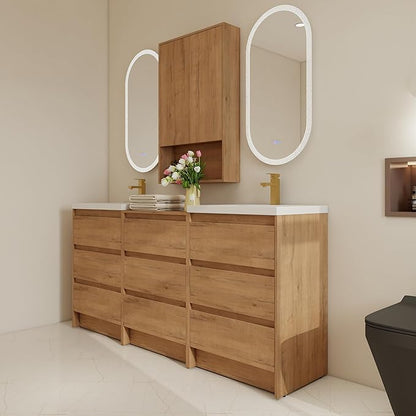 72" Bathroom Vanity Set, 72 Inch Modern Freestanding Vanity with 9 Drawers and 1 Wall-Mounted Side Cabinet, Double Resin Sinks Floor Stand Cabinet Set Imitative Oak
