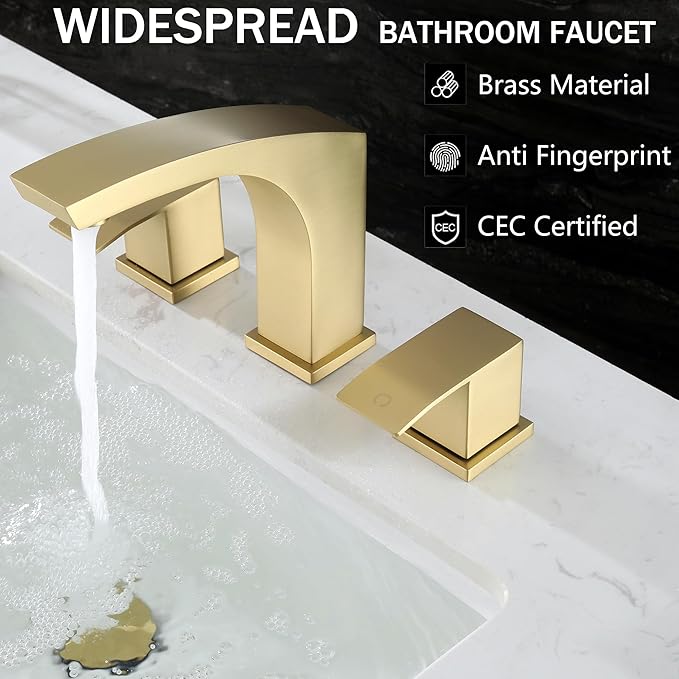 Brushed Gold Bathroom Faucet, Gold 3 Hole Widespread Bathroom Sink Faucet with Pop Up Drain and cUPC Supply Hose, 2 Handle 8 inch Brass Wide Spread Vanity Faucet, Restroom Basin Taps WI37151BG