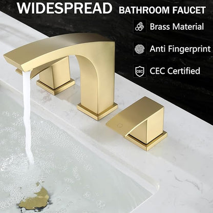 Brushed Gold Bathroom Faucet, Gold 3 Hole Widespread Bathroom Sink Faucet with Pop Up Drain and cUPC Supply Hose, 2 Handle 8 inch Brass Wide Spread Vanity Faucet, Restroom Basin Taps WI37151BG