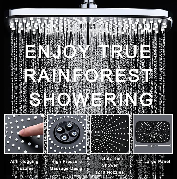 12" High Pressue Rain Shower Head with Handheld, 9 Sprays Hand Showerhead | Shower Heads with Handheld Spray Combo, Dual Head, Built-in Magnetic Docking, Power Jets, 59" Shower Hose, Chrome 1.8GPM