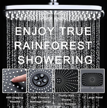 12" High Pressue Rain Shower Head with Handheld, 9 Sprays Hand Showerhead | Shower Heads with Handheld Spray Combo, Dual Head, Built-in Magnetic Docking, Power Jets, 59" Shower Hose, Chrome 1.75GPM
