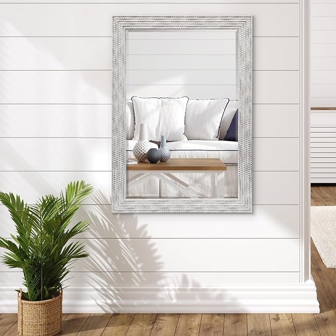 Americanflat 24x36 Wall Mirror - Hanging Mirrors with Durable Frame - Modern Mirror for Bathroom, Bedroom, Living Room - Mirrors for Wall Display and Home Decor - Metallic White with Beaded Texture