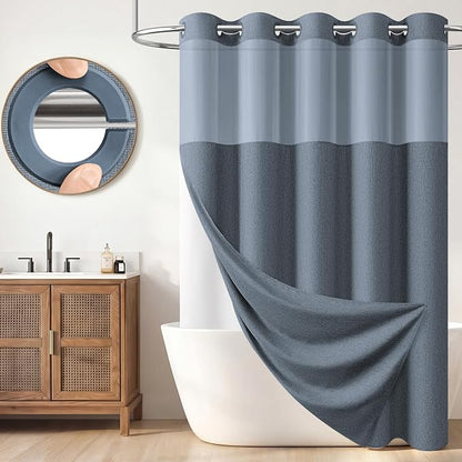 Blue Ringless Linen Textured Shower Curtain with Snap in Liner, 72x75 | 3 in 1 Hotel Shower Curtain Set, Removable Liner, Waterproof & Washable, Mesh Top Window, Durable Fabric, Easy to Install