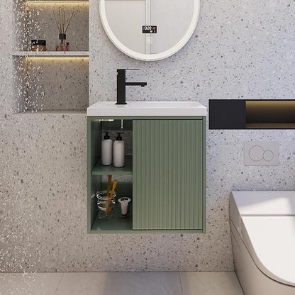 eclife 20" Floating Bathroom Vanity Sink Combo for Small Space, Wall-Mounted Guest Toilet Wash Basin Cabinet with Opening Shelf, Soft Closing Door, Gray Green Painted