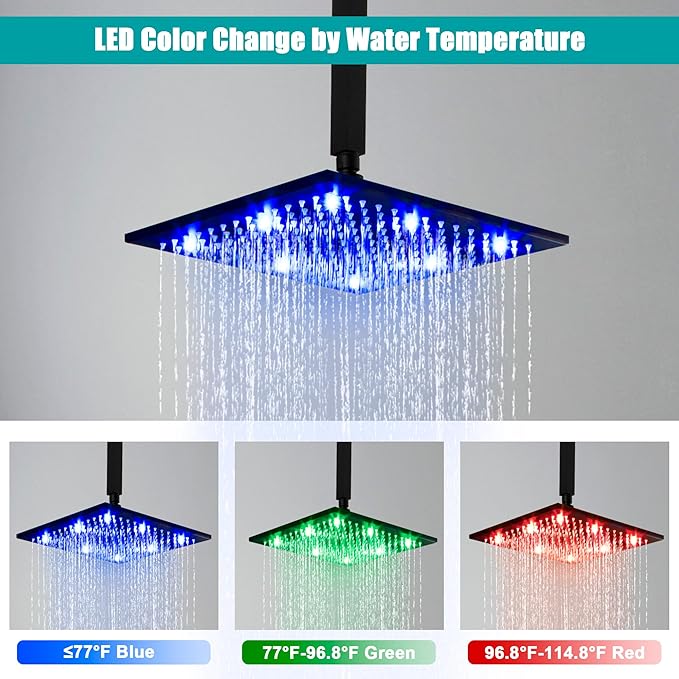 SKOWLL Matte Black Shower Faucet Set, High Pressure Ceiling 12 Inch LED Shower Head with Handheld Bathroom Full Body Shower System Include 6 Body Spray Jet