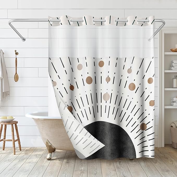 Americanflat 72x75 Hookless Shower Curtain - Water-Resistant Modern Boho Shower Curtain with Sheer Panel, Snap-in Liner, and Grommets - 100% Polyester - Black, Bronze, and White