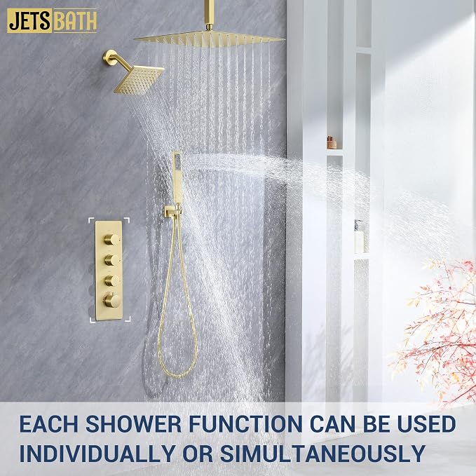 16" Thermostatic Dual Rainfall Head Brushed Gold Shower System | Ceiling Mounted Full Body Shower Faucet Set with Thermostatic Valve for Couples/ 2-Person，16“+6”Shower Head & handheld
