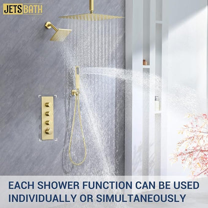 16" Thermostatic Dual Rainfall Head Brushed Gold Shower System | Ceiling Mounted Full Body Shower Faucet Set with Thermostatic Valve for Couples/ 2-Person，16“+6”Shower Head & handheld
